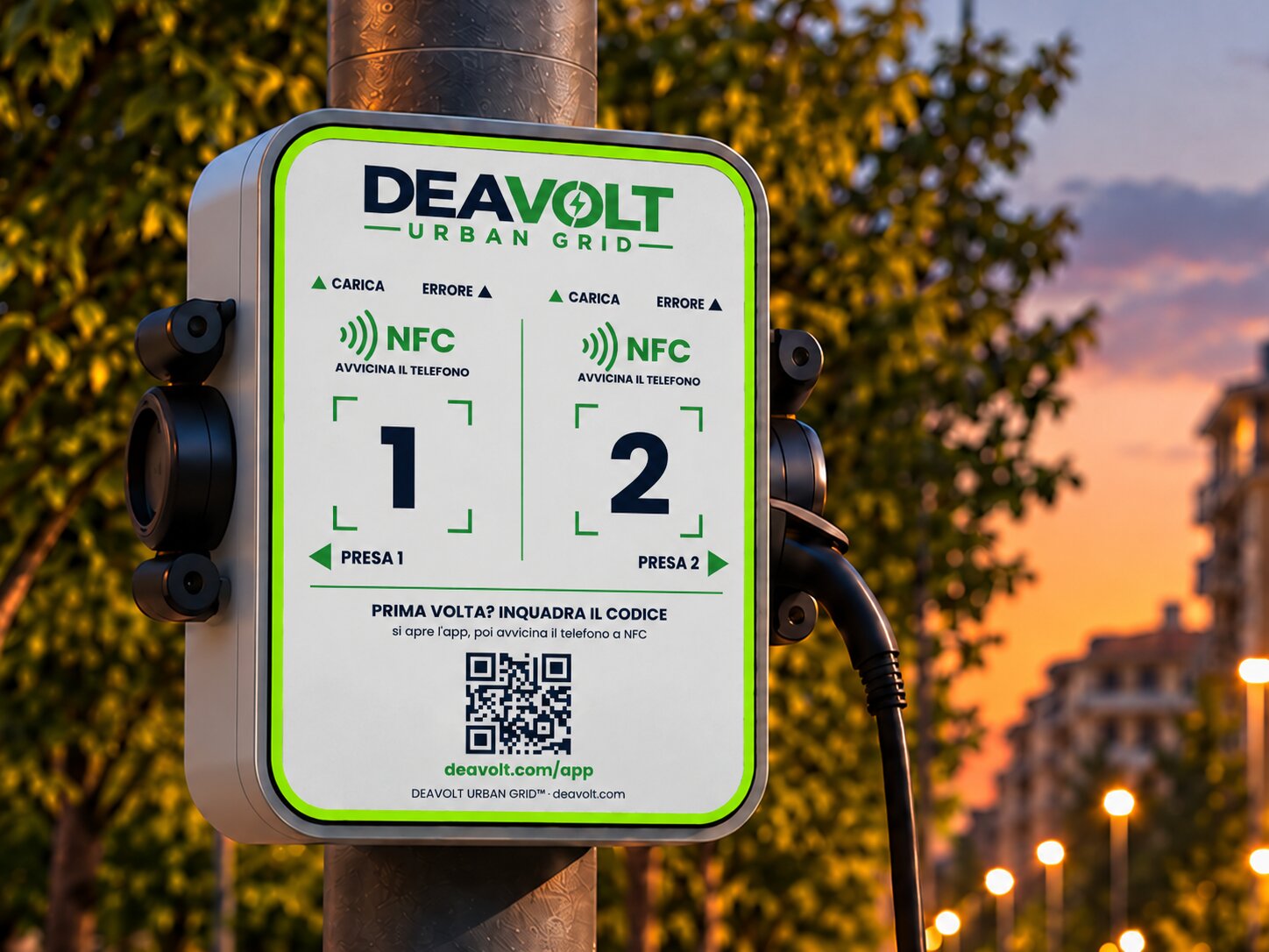 Dettaglio del DEAVOLT URBAN GRID™ fissato al palo con fasce in acciaio inox