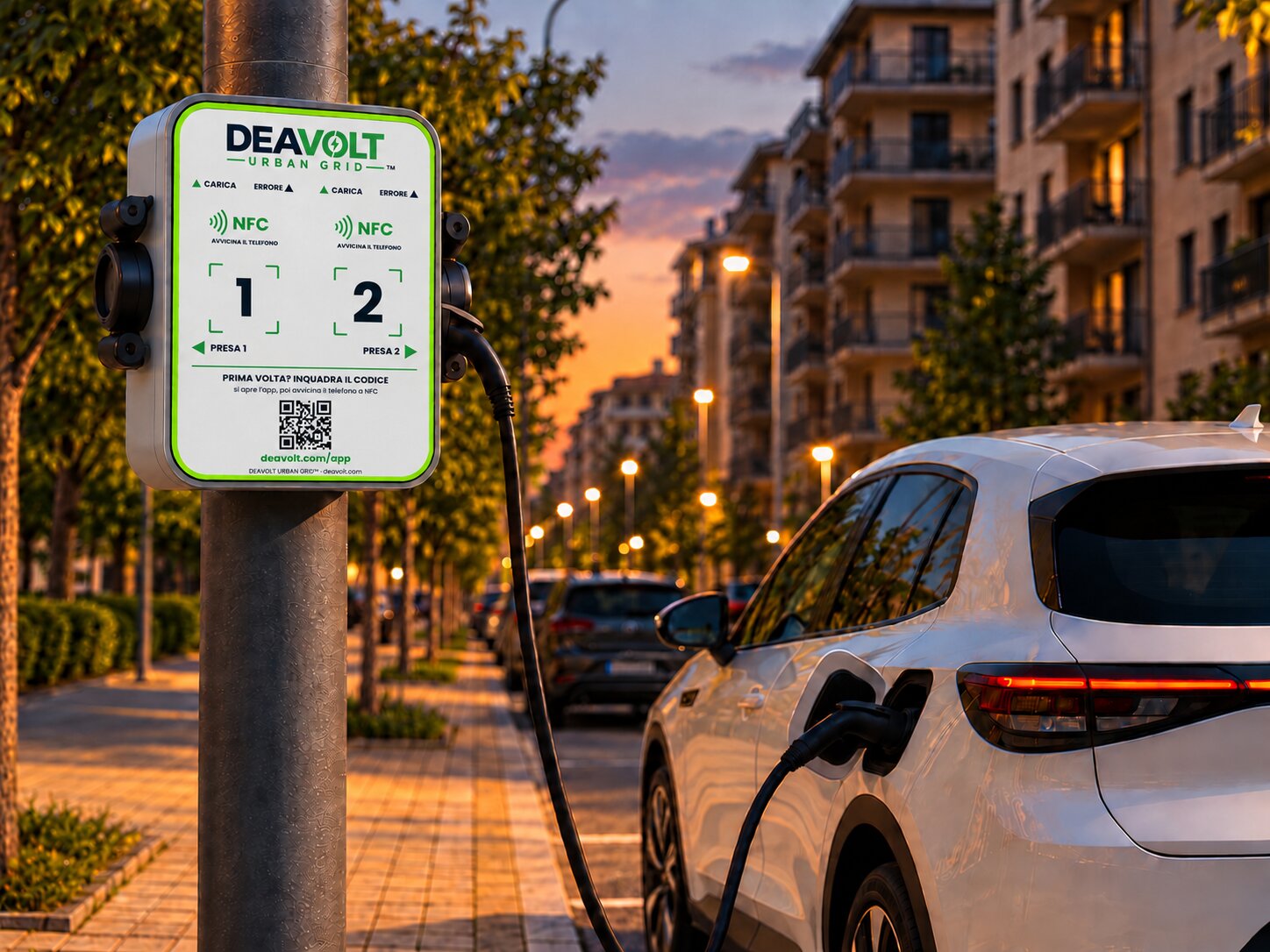 DEAVOLT URBAN GRID™ montato su un palo di illuminazione esistente, auto in ricarica lungo una via residenziale