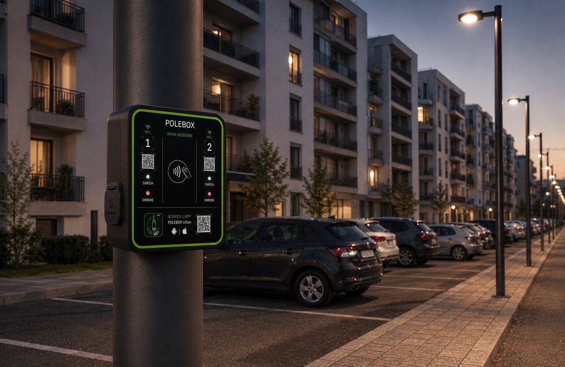 Dettaglio del POLEBOX Urban fissato al palo con fasce in acciaio inox