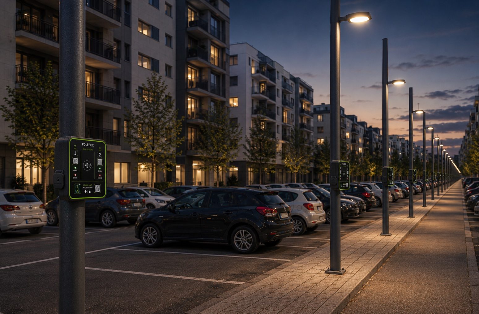 POLEBOX Urban installati sui pali di illuminazione pubblica esistenti in un parcheggio residenziale
